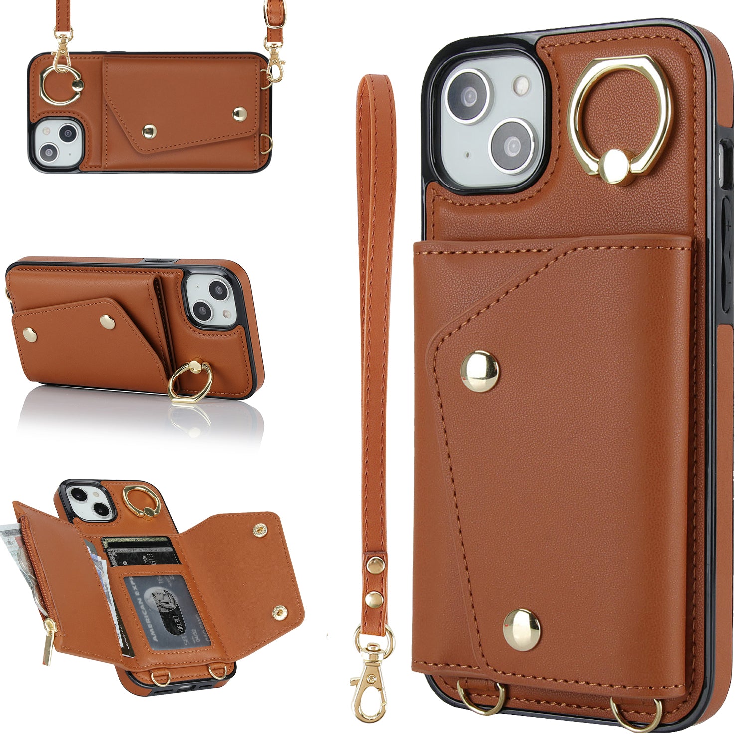 Ring Kickstand Zipper Wallet Phone Case for iPhone 13 PU Leather Coated TPU Crossbody Phone Cover Ring Kickstand Zipper Wallet Phone Case for iPhone 13 PU Leather Coated TPU Crossbody Phone Cover